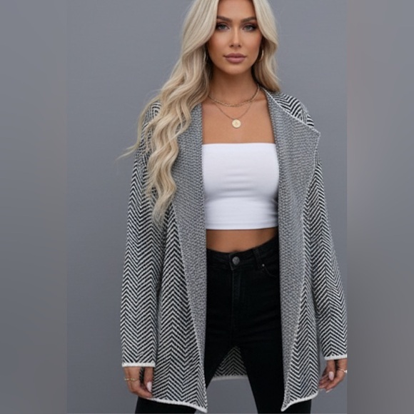 Chevron Pattern Drop Shoulder Open Front Cardigan - Picture 1 of 9